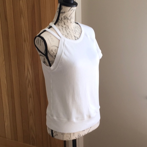 Pam & Gela, Strappy One Shoulder Short Sleeve Sweatshirt Top. White. Small - Picture 6 of 11
